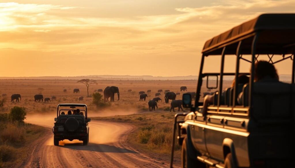 A scenic African safari landscape, captured in warm afternoon light. In the foreground, a group of safari vehicles navigate a dusty track, their passengers eager to spot the wildlife. In the middle ground, a herd of elephants grazes peacefully, their massive forms silhouetted against the distant savanna. The background features a dramatic sky, filled with golden hues and wispy clouds. Subtle hints of additional costs are woven throughout, such as the specialized safari equipment, guided tours, and luxury accommodations that enhance the experience. A scenic African safari landscape, captured in warm afternoon light. In the foreground, a group of safari vehicles navigate a dusty track, their passengers eager to spot the wildlife. In the middle ground, a herd of elephants grazes peacefully, their massive forms silhouetted against the distant savanna. The background features a dramatic sky, filled with golden hues and wispy clouds. Subtle hints of additional costs are woven throughout, such as the specialized safari equipment, guided tours, and luxury accommodations that enhance the experience.