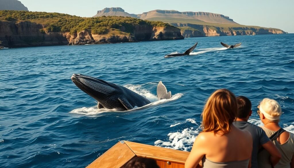 A serene whale watching scene along the rugged coastline of South Africa. In the foreground, a group of people on a wooden boat gaze in awe as a majestic humpback whale breaches the cobalt blue waves, its massive body glistening in the warm afternoon sun. The middle ground features a panoramic view of the rocky cliffs and lush, verdant vegetation lining the shore. In the distance, the silhouettes of additional whales can be seen carving through the water, their powerful tail flukes creating a mesmerizing display. The lighting is soft and diffused, creating a sense of tranquility, while a wide-angle lens captures the grand scale of the natural surroundings. This scene evokes the wonder and excitement of witnessing these magnificent marine mammals in their natural habitat.