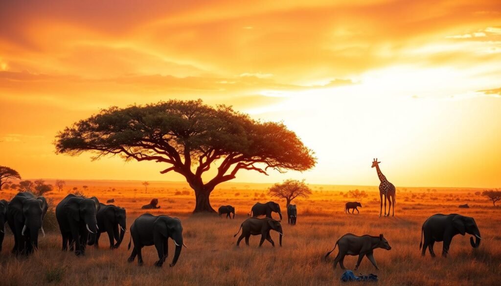 A stunning African savanna landscape, bathed in warm golden light. In the foreground, a herd of majestic elephants grazes peacefully, their trunks swaying as they feed. In the middle ground, a pride of lions lounges under the shade of a sprawling acacia tree, their regal poses captured in sharp detail. Farther back, a lone giraffe stands tall, its long neck silhouetted against a vibrant orange and pink sunset sky. The scene is alive with the sounds of the wild, from the distant calls of birds to the occasional rumble of a lion's roar. This is the essence of a quintessential safari experience, a window into the timeless beauty and wonder of the African wilderness.