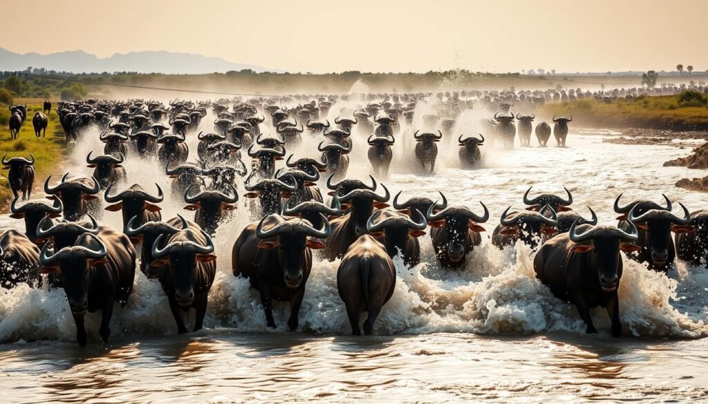 Generate an image of wildebeest crossing a river during the Great Migration
